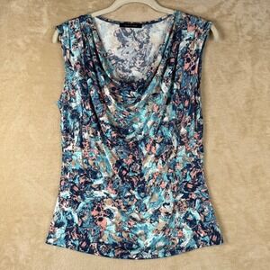 Jennie & Marlis Womens Sm Cowl Neck Sleeveless Abstract Print Blouse Blue Pink
